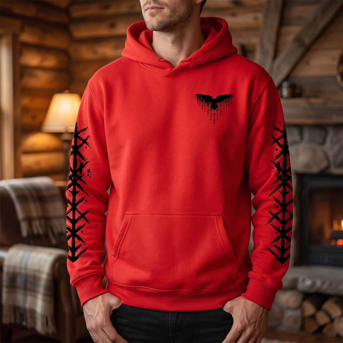 Homme portant le Sweat à Capuche Viking Vegvísir et Runes, coloris rouge motif noir