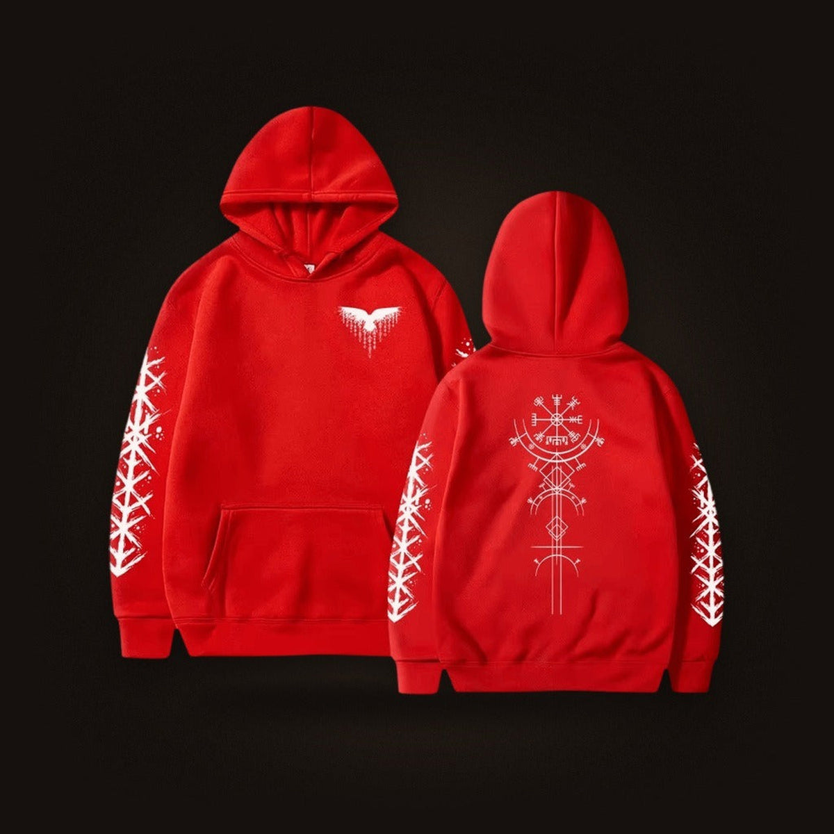 Sweat à Capuche Viking Vegvísir et Runes, coloris rouge motif blanc, vu de face et de dos
