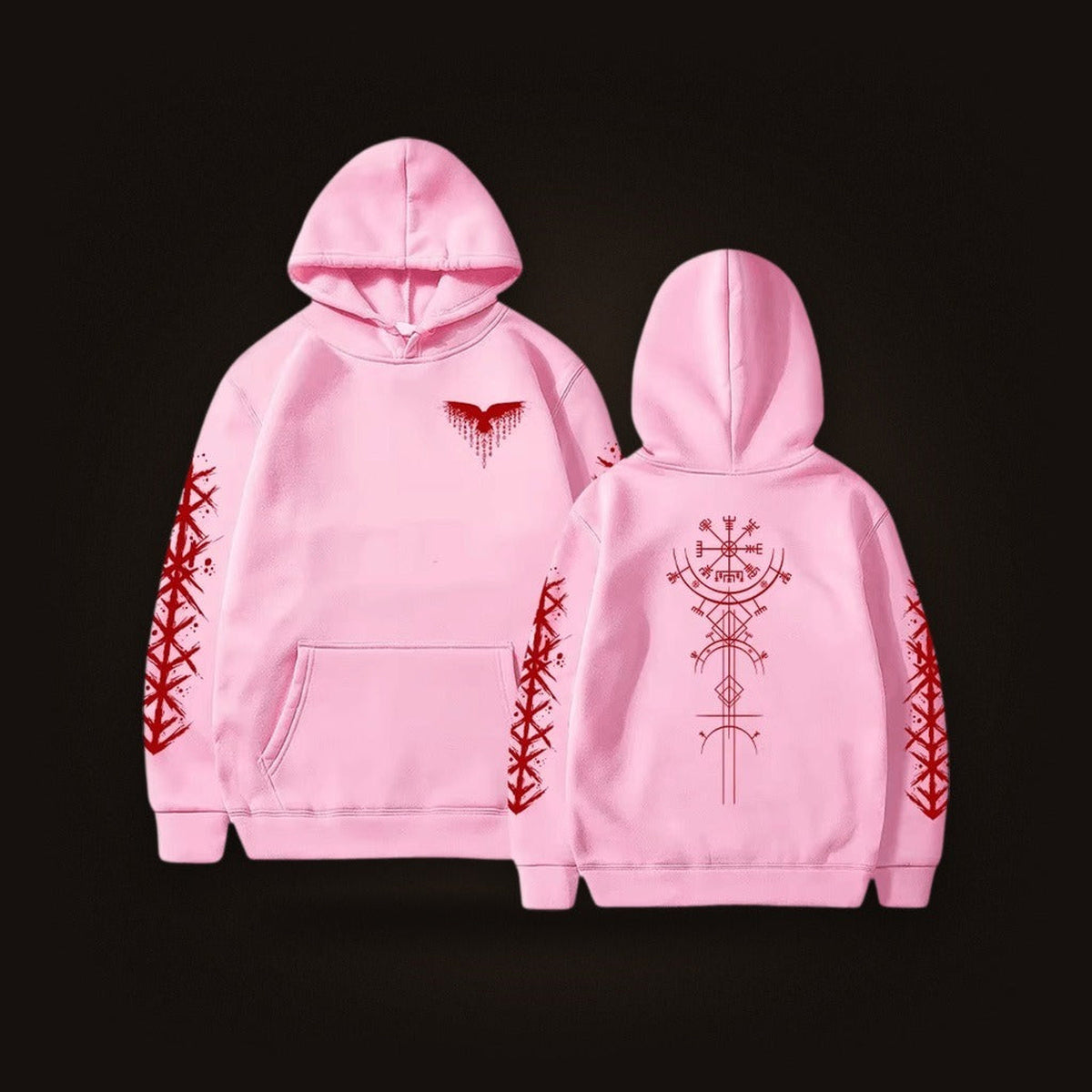 Sweat à Capuche Viking Vegvísir et Runes, coloris rose motif rouge, vu de face et de dos