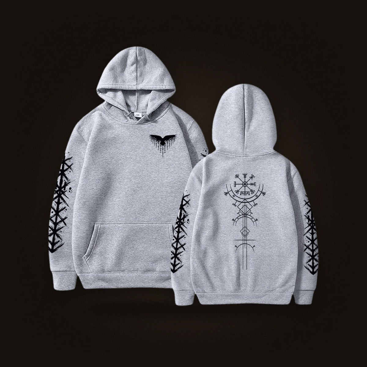 Sweat à Capuche Viking Vegvísir et Runes, coloris gris motif noir, vu de face et de dos