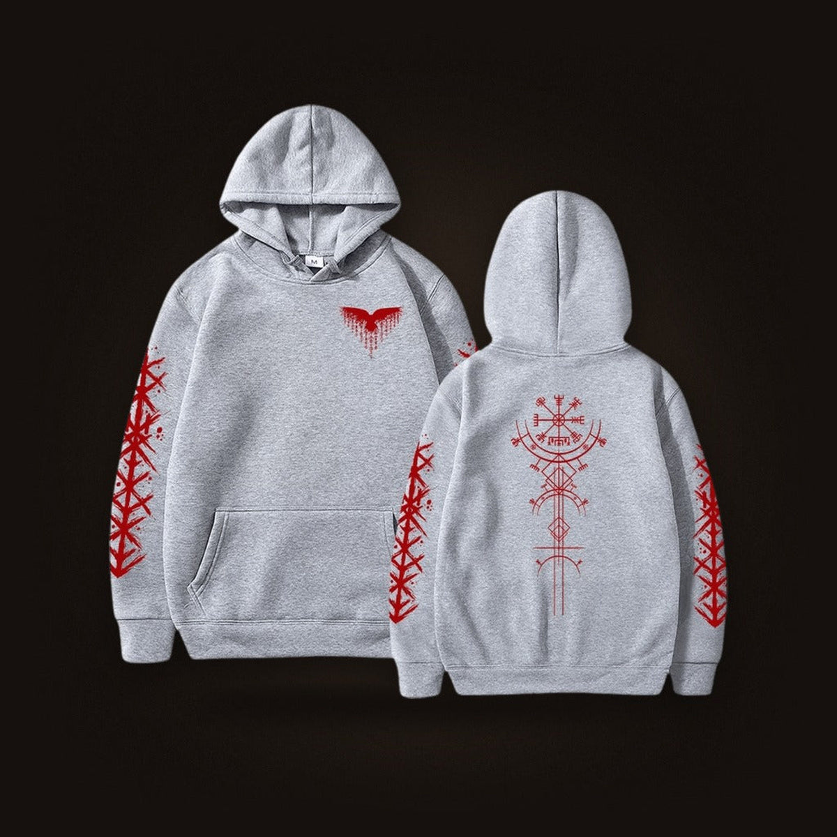 Sweat à Capuche Viking Vegvísir et Runes, coloris gris motif rouge, vu de face et de dos