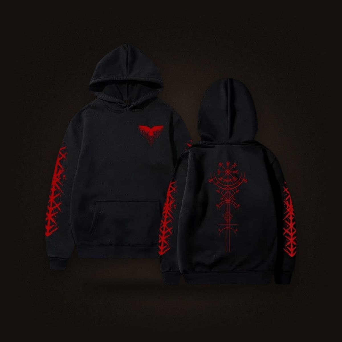 Sweat à Capuche Viking Vegvísir et Runes, coloris noir motif rouge, vu de face et de dos