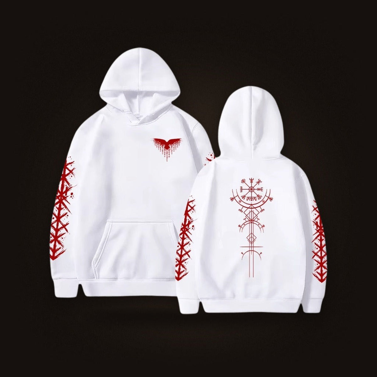 Sweat à Capuche Viking Vegvísir et Runes, coloris blanc motif rouge, vu de face et de dos