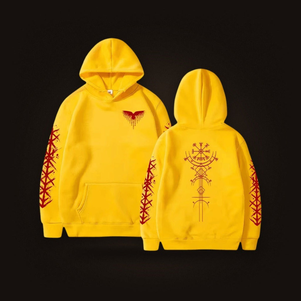 Sweat à Capuche Viking Vegvísir et Runes, coloris jaune motif rouge, vu de face et de dos