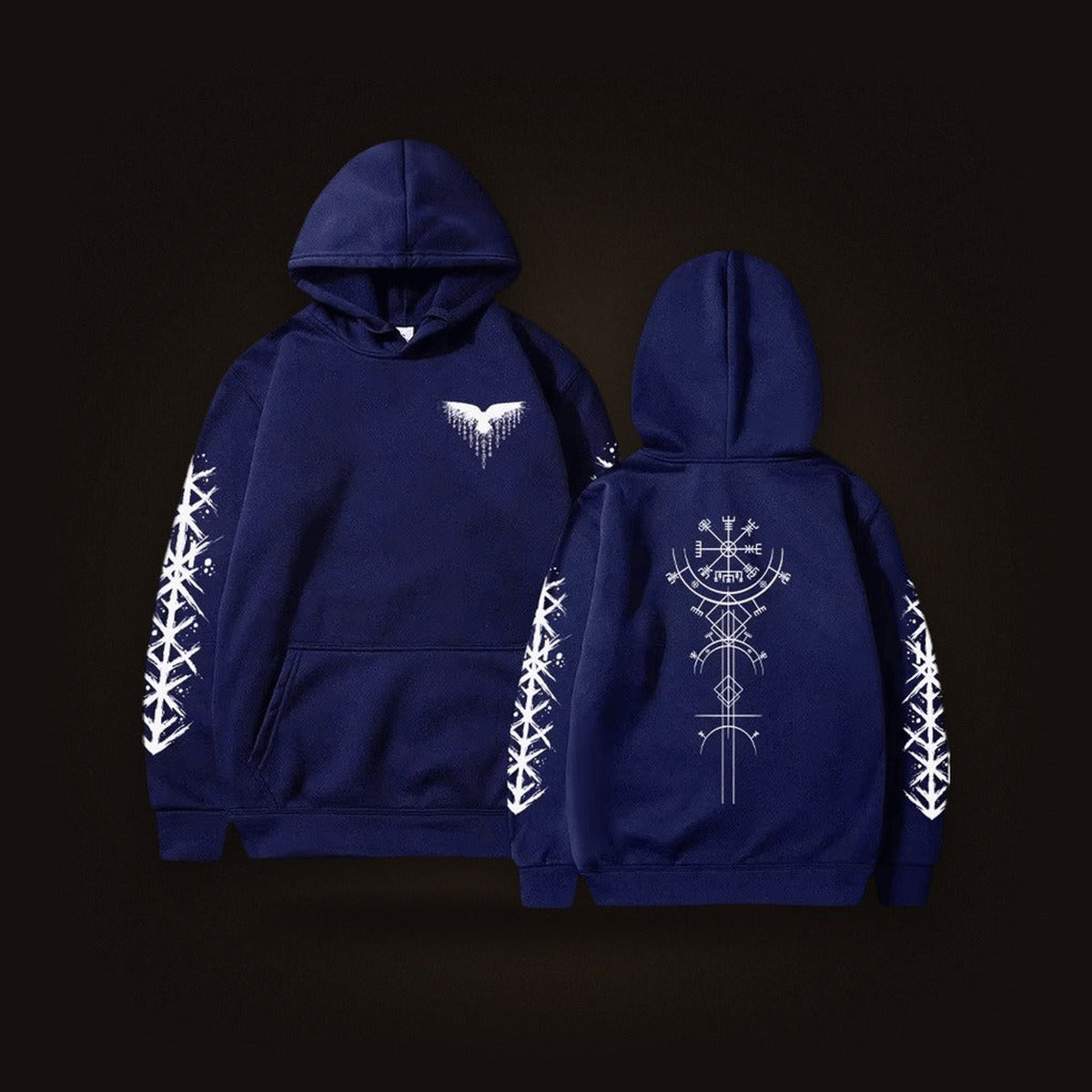 Sweat à Capuche Viking Vegvísir et Runes, coloris marine motif blanc, vu de face et de dos