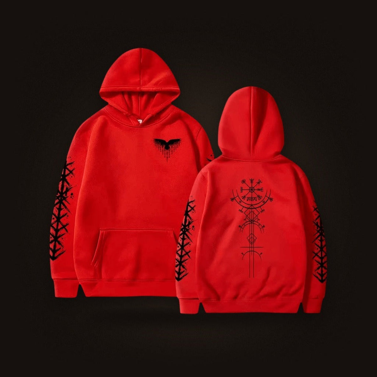 Sweat à Capuche Viking Vegvísir et Runes, coloris rouge motif noir, vu de face et de dos