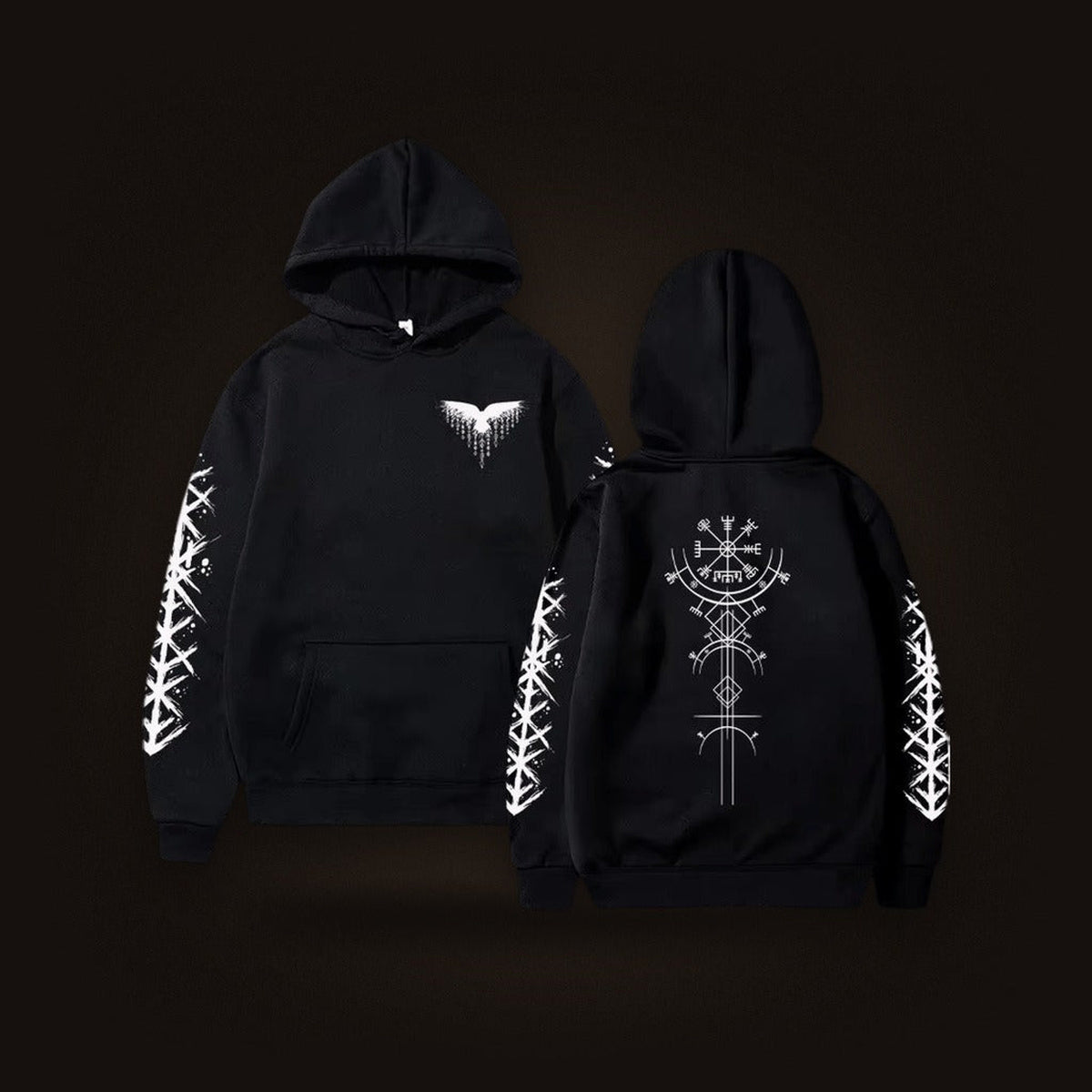 Sweat à Capuche Viking Vegvísir et Runes, coloris noir motif blanc, vu de face et de dos