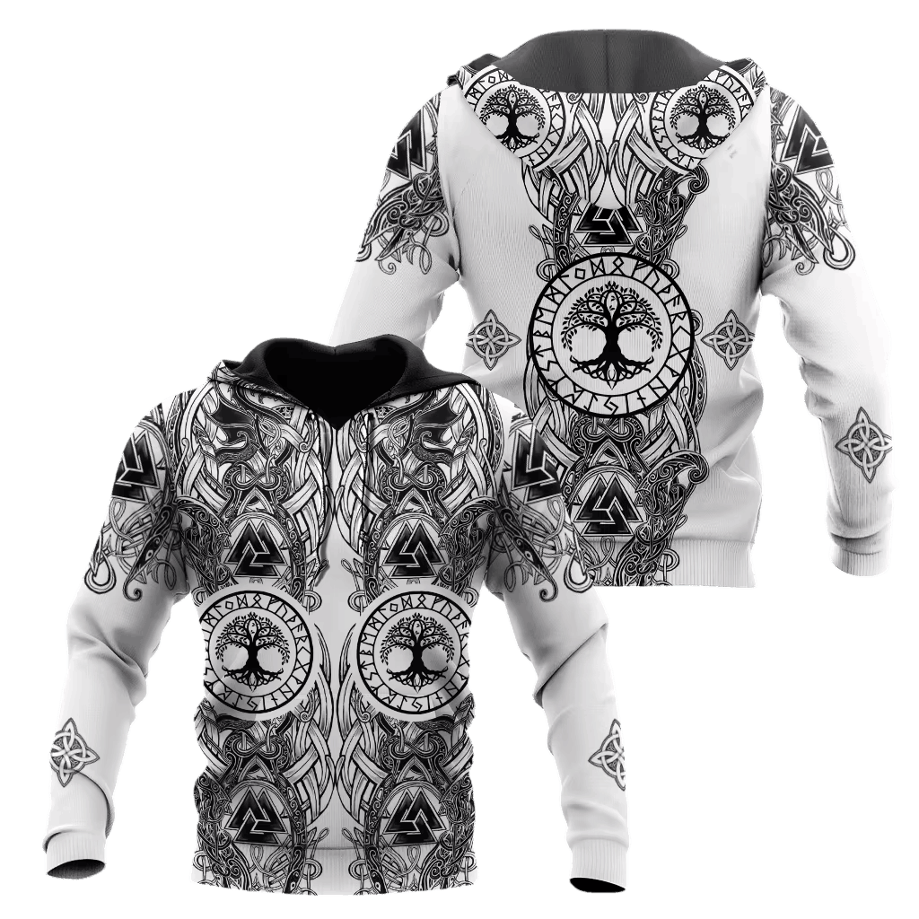 Sweat à Capuche Viking Yggdrasil et Vegvísir Blanc, vu de face et de dos