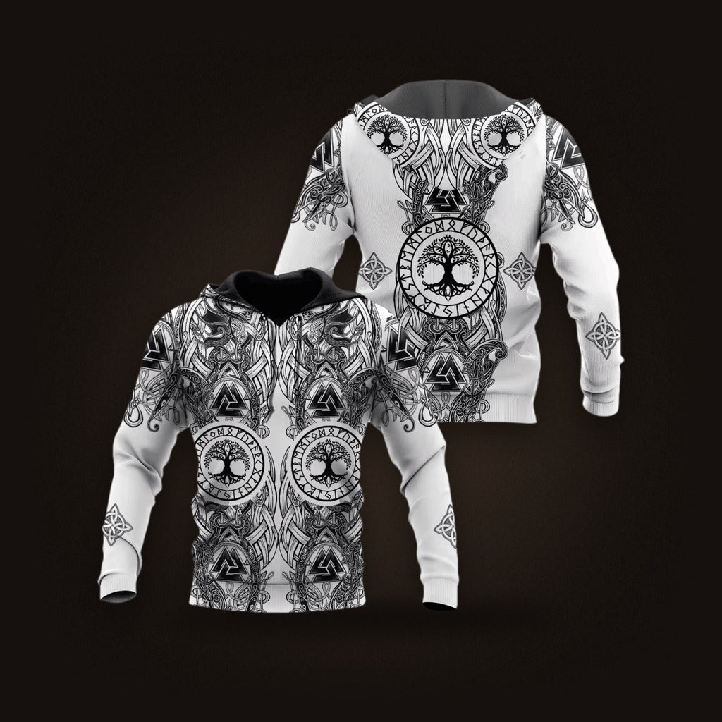 Sweat à Capuche Viking Yggdrasil et Vegvísir Blanc, vu de face et de dos