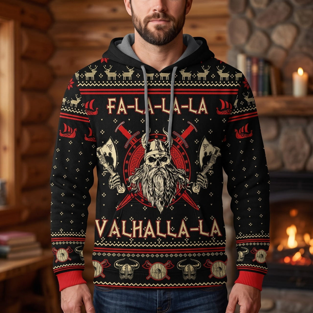 Homme portant le Sweat de Noël Viking Valhalla-la Motif Jacquard