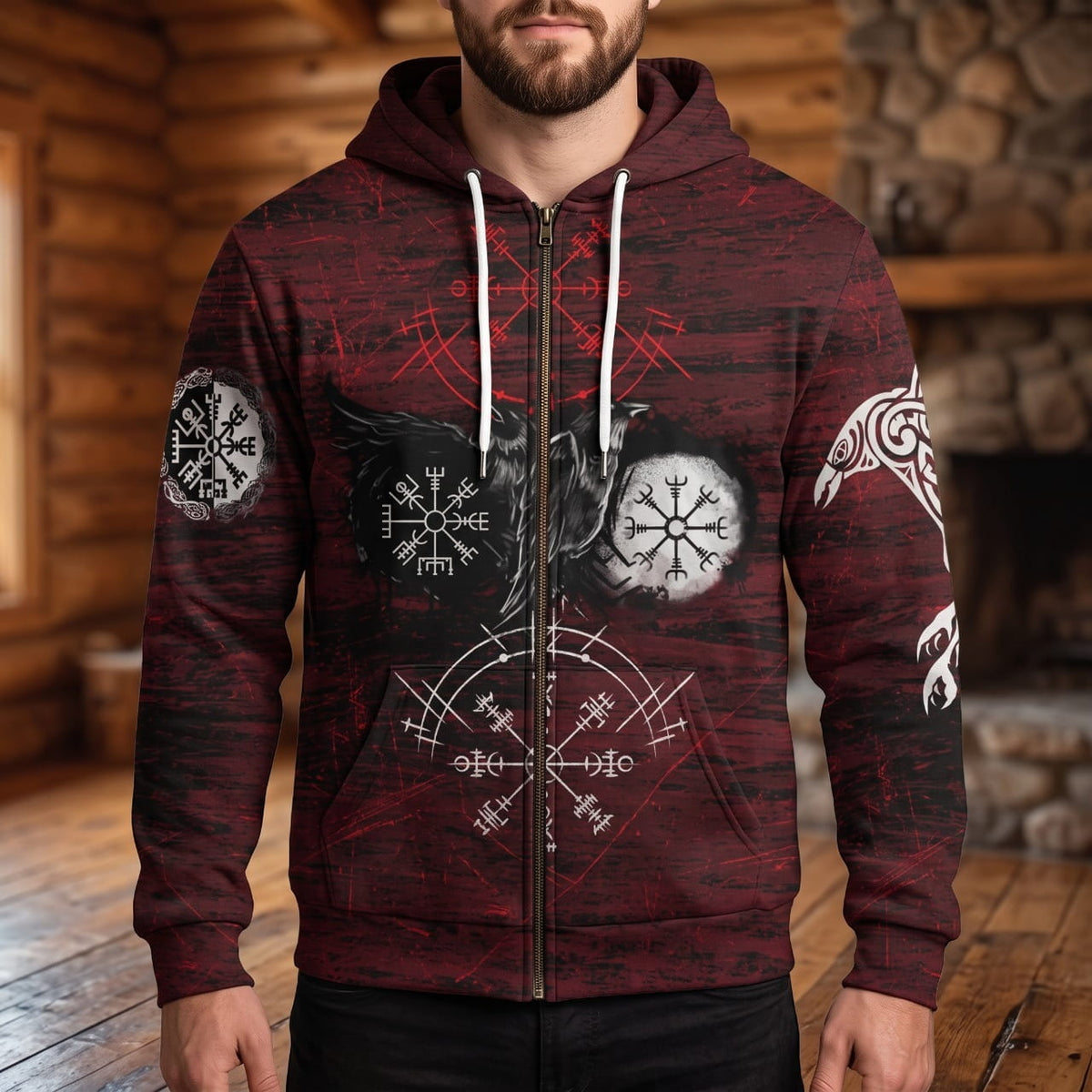 Homme portant le Sweat Viking Zippé Vegvísir et Ægishjálmur Rouge