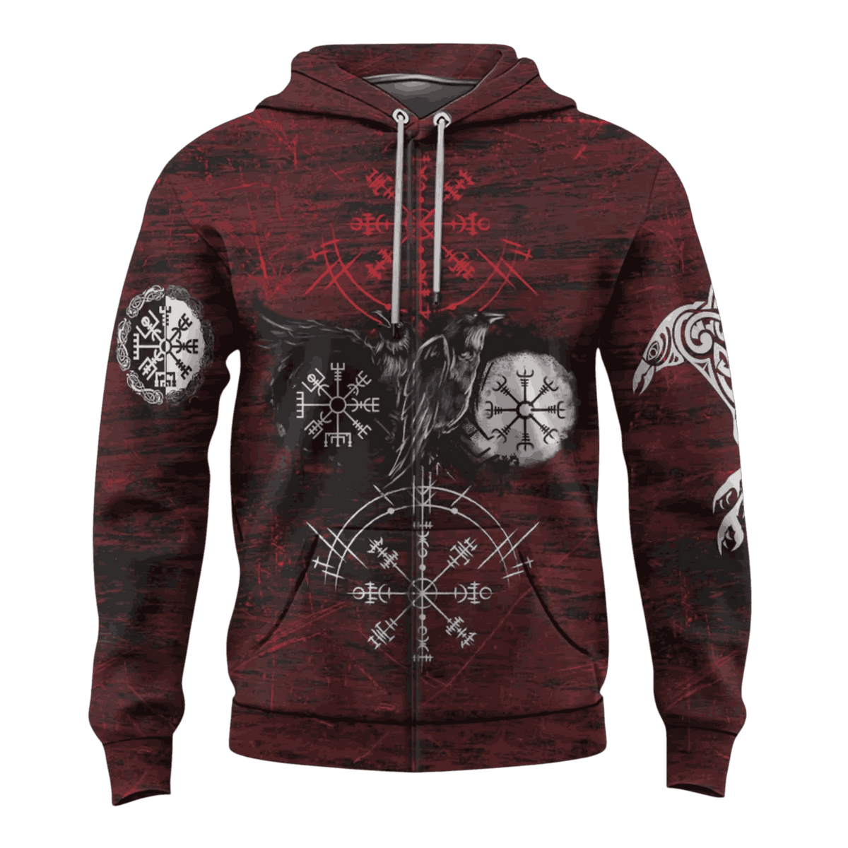 Sweat Viking Zippé Vegvísir et Ægishjálmur Rouge, vu de face et de dos