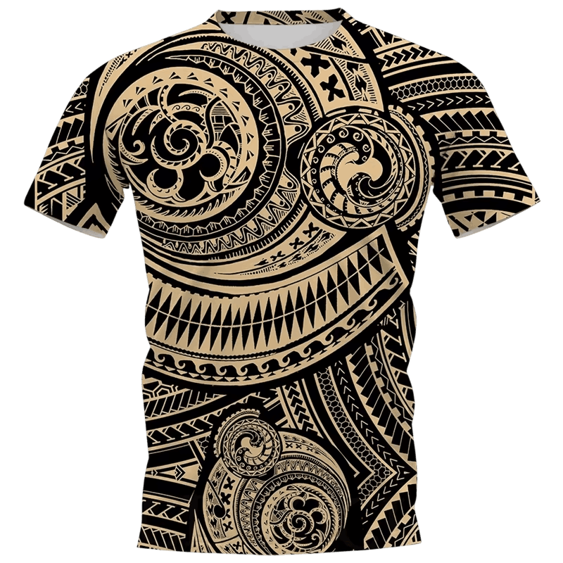 Tee-shirt à plat, impression intégrale de spirales et frises tribales polynésiennes dorées