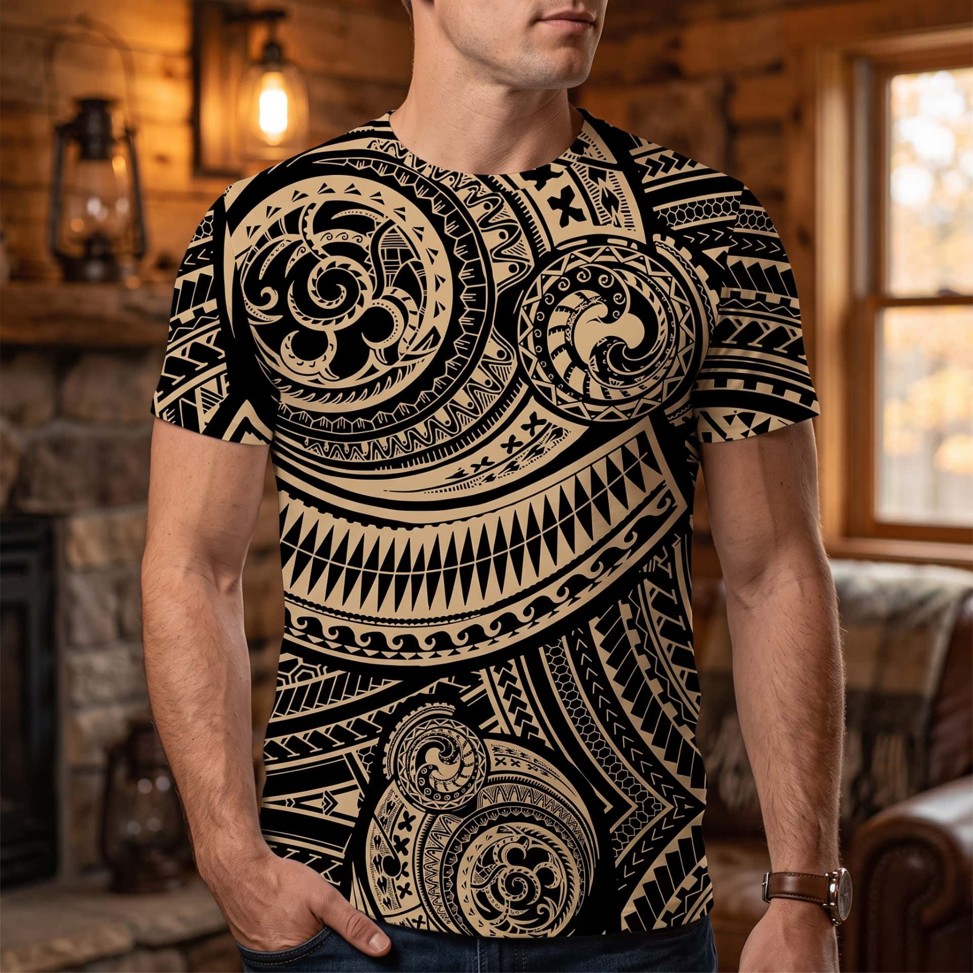 Homme portant un tee-shirt à impression intégrale de motifs tribaux polynésiens noir et or