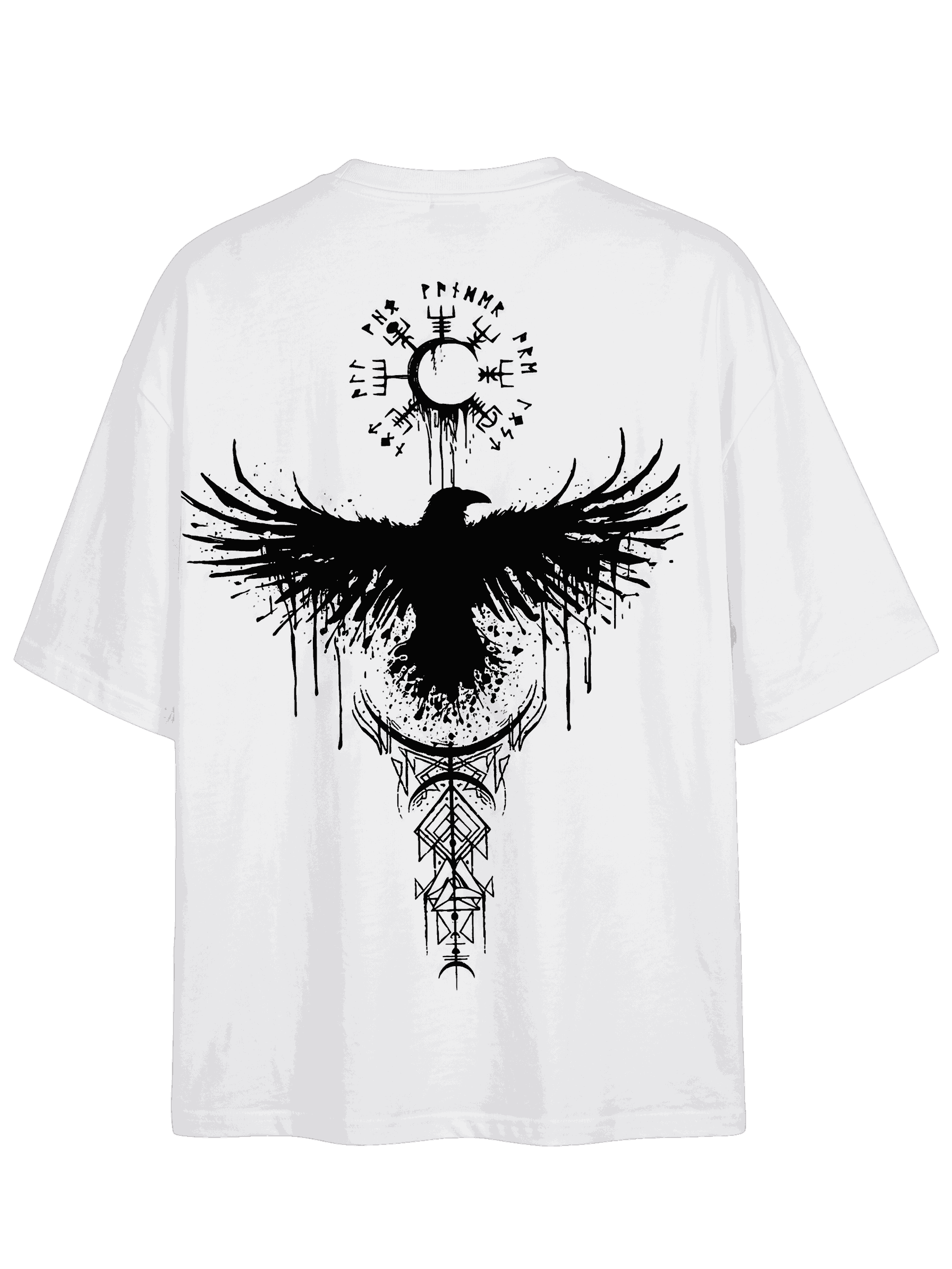 Tee-shirt viking blanc à plat vu de dos, corbeau ailes déployées, Vegvísir et bâtons runiques