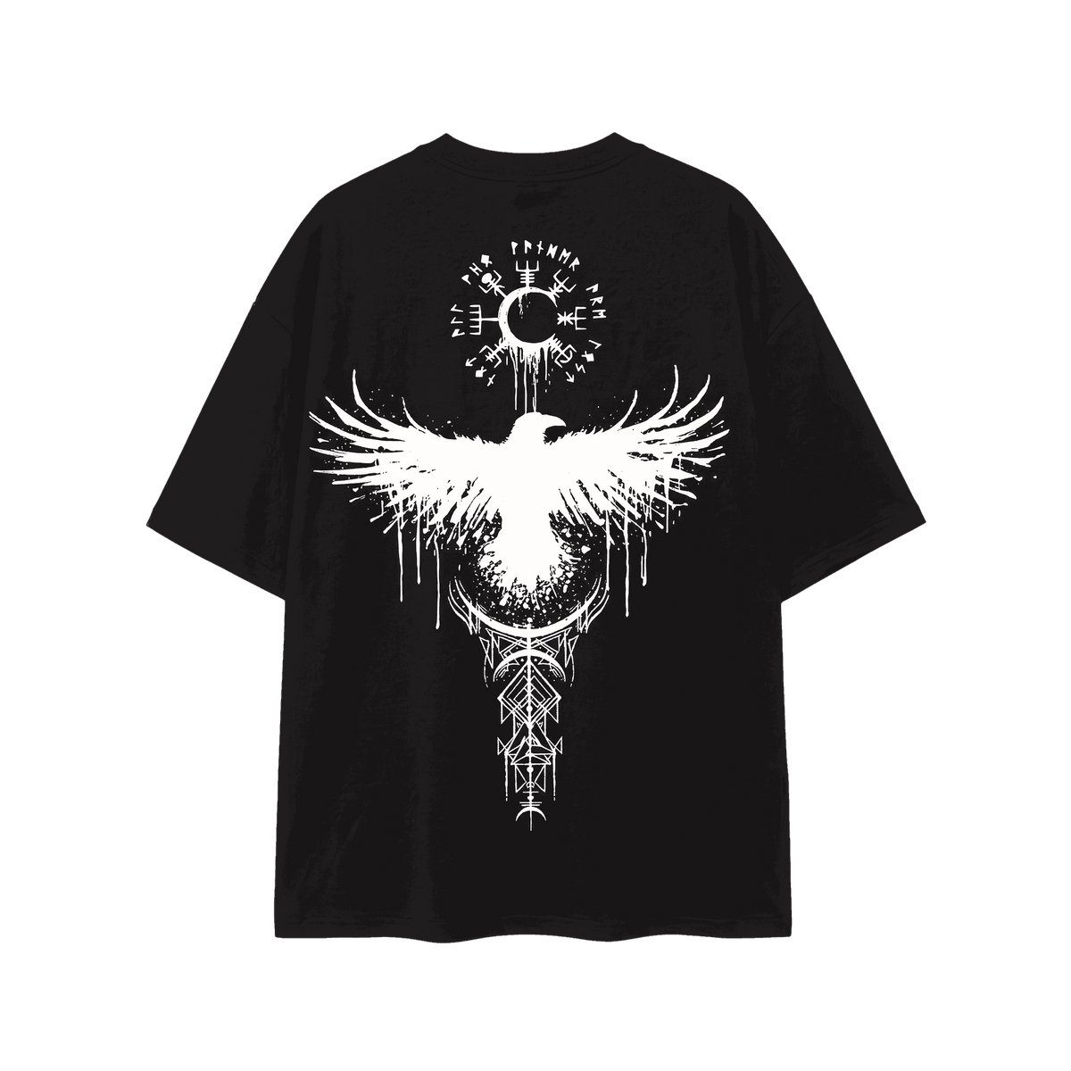 Black Viking T-shirt laid flat, back view, raven with spread wings, Vegvísir and rune staves