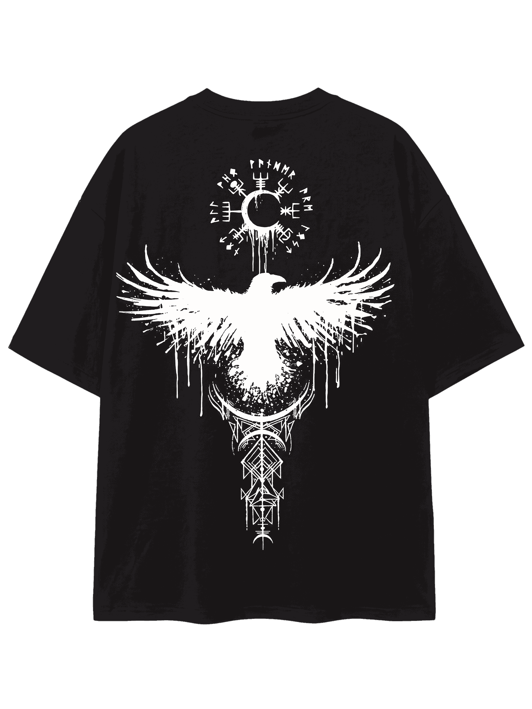 Tee-shirt viking noir à plat vu de dos, corbeau ailes déployées, Vegvísir et bâtons runiques