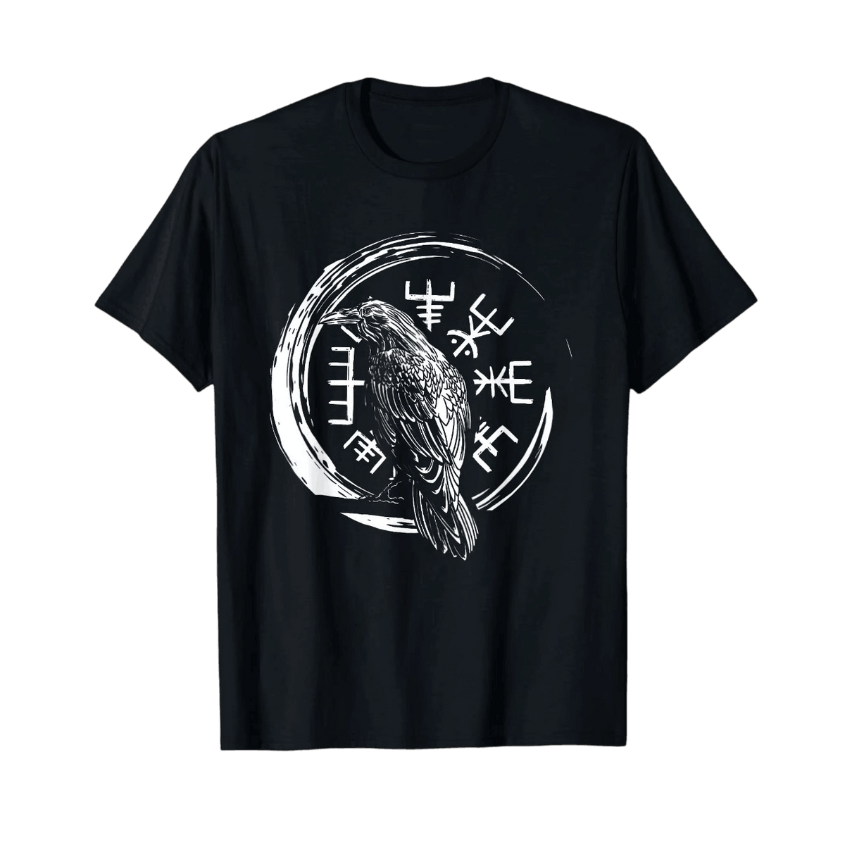 Tee-shirt viking noir à plat, corbeau perché dans un cercle d'encre blanc et bâtons runiques