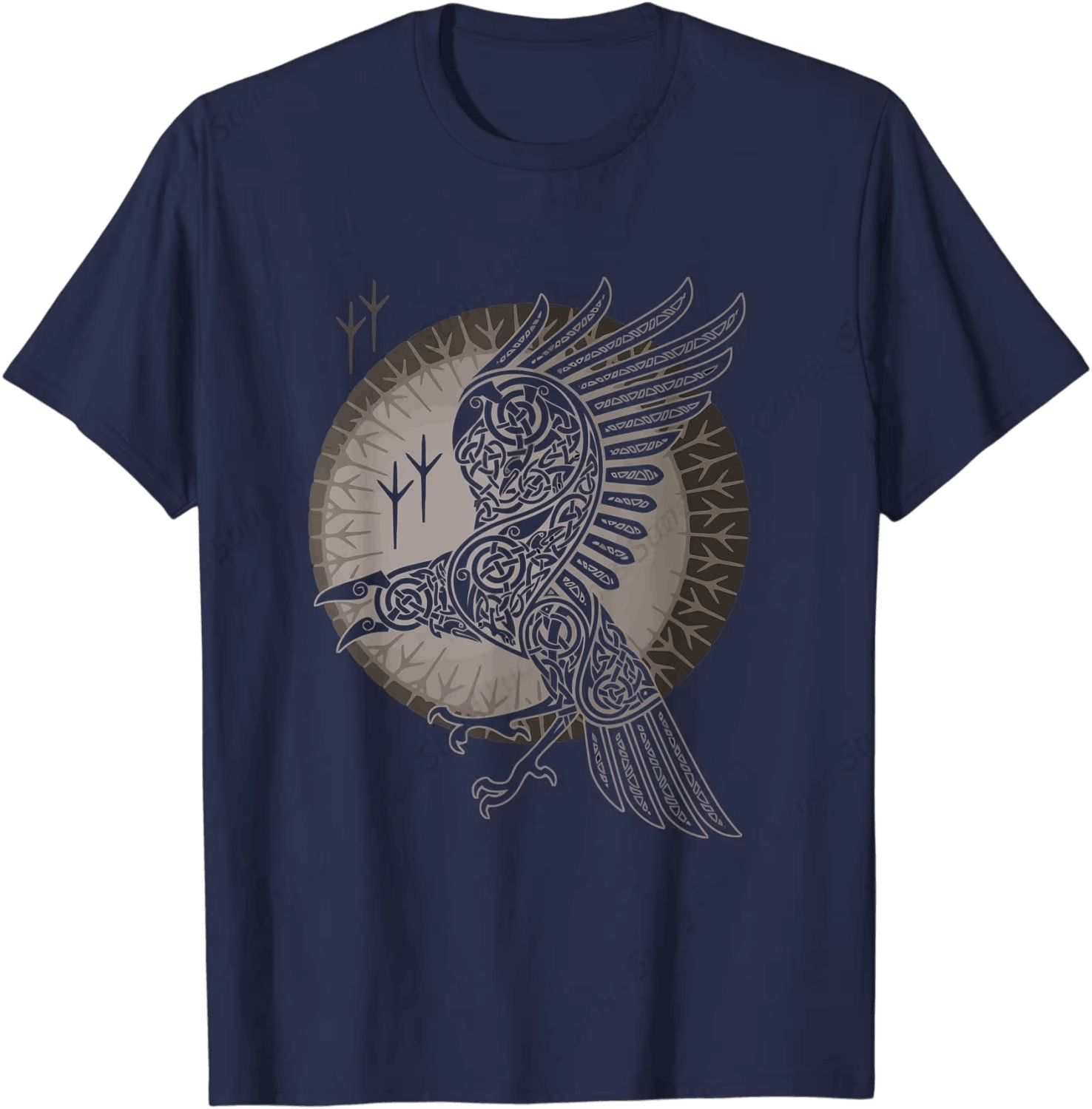 Tee-shirt viking bleu marine à plat, corbeau d'Odin de profil dans un cercle de runes gris et beige