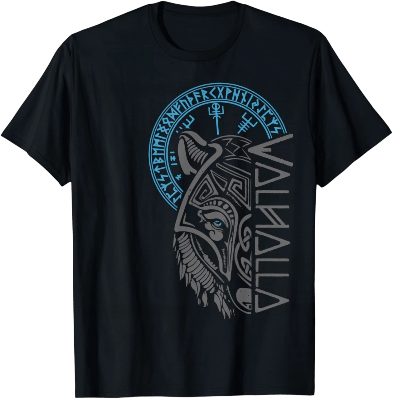 Tee-shirt viking noir à plat, corbeau aux motifs entrelacés, lettrage Valhalla vertical, runes bleues