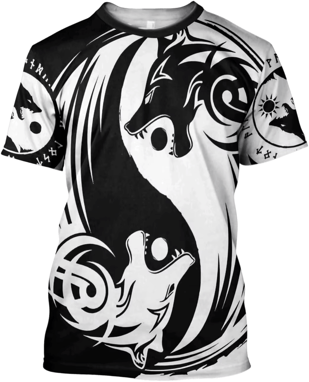 Tee-shirt viking à plat, impression intégrale noir et blanc en miroir, dragon nordique et entrelacs