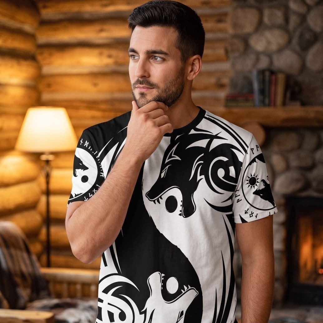 Homme portant un tee-shirt viking à impression intégrale contrastée noir et blanc, dragon nordique stylisé