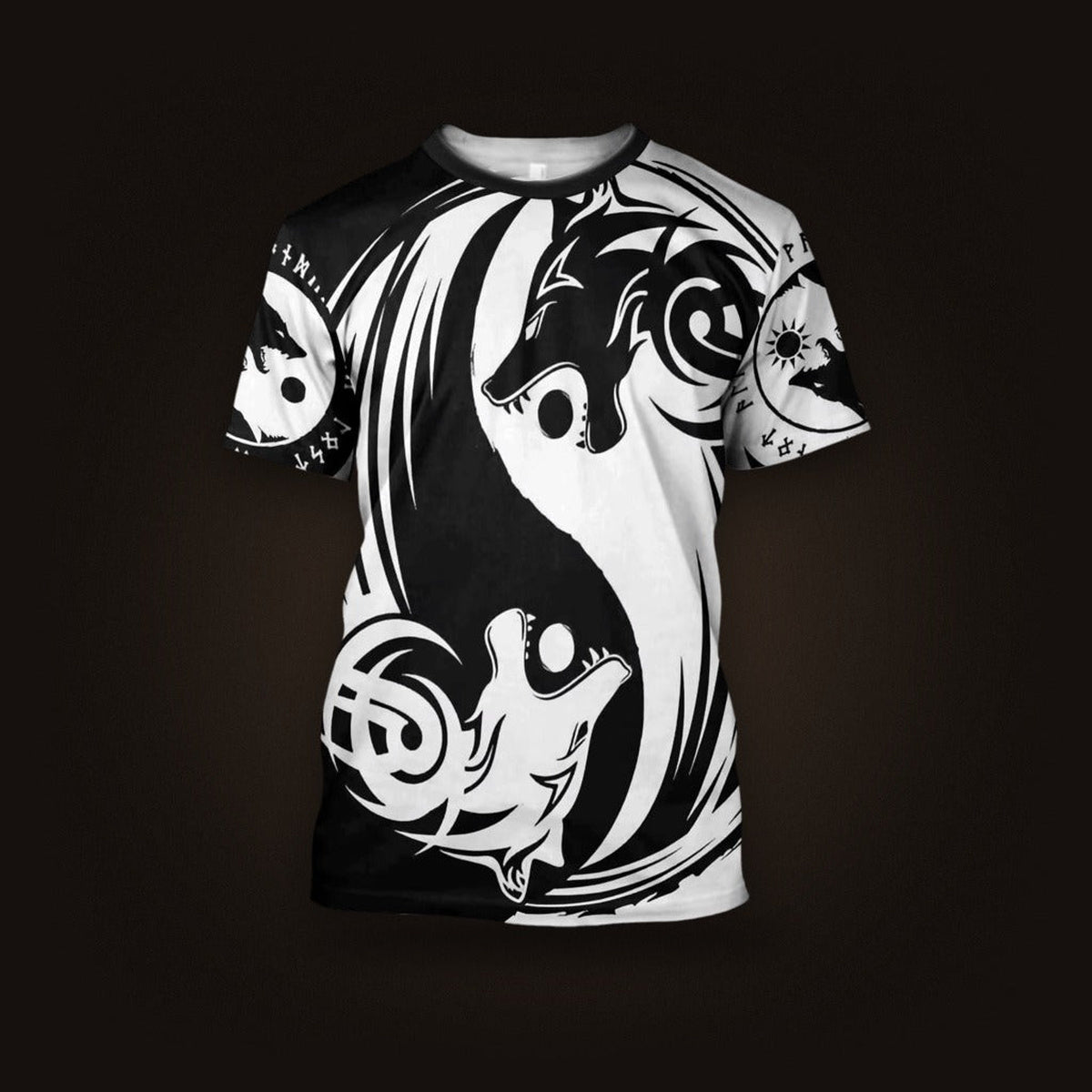 Tee-shirt viking à plat, impression intégrale noir et blanc en miroir, dragon nordique et entrelacs