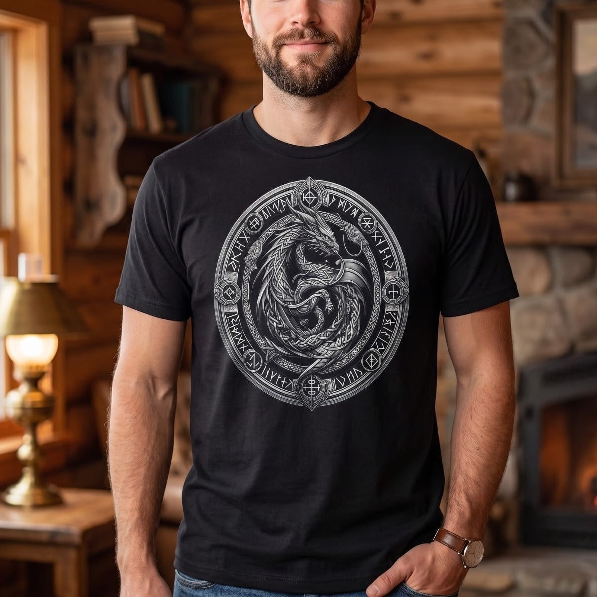 Homme portant un tee-shirt viking noir à dragon nordique lové dans un médaillon runique argenté