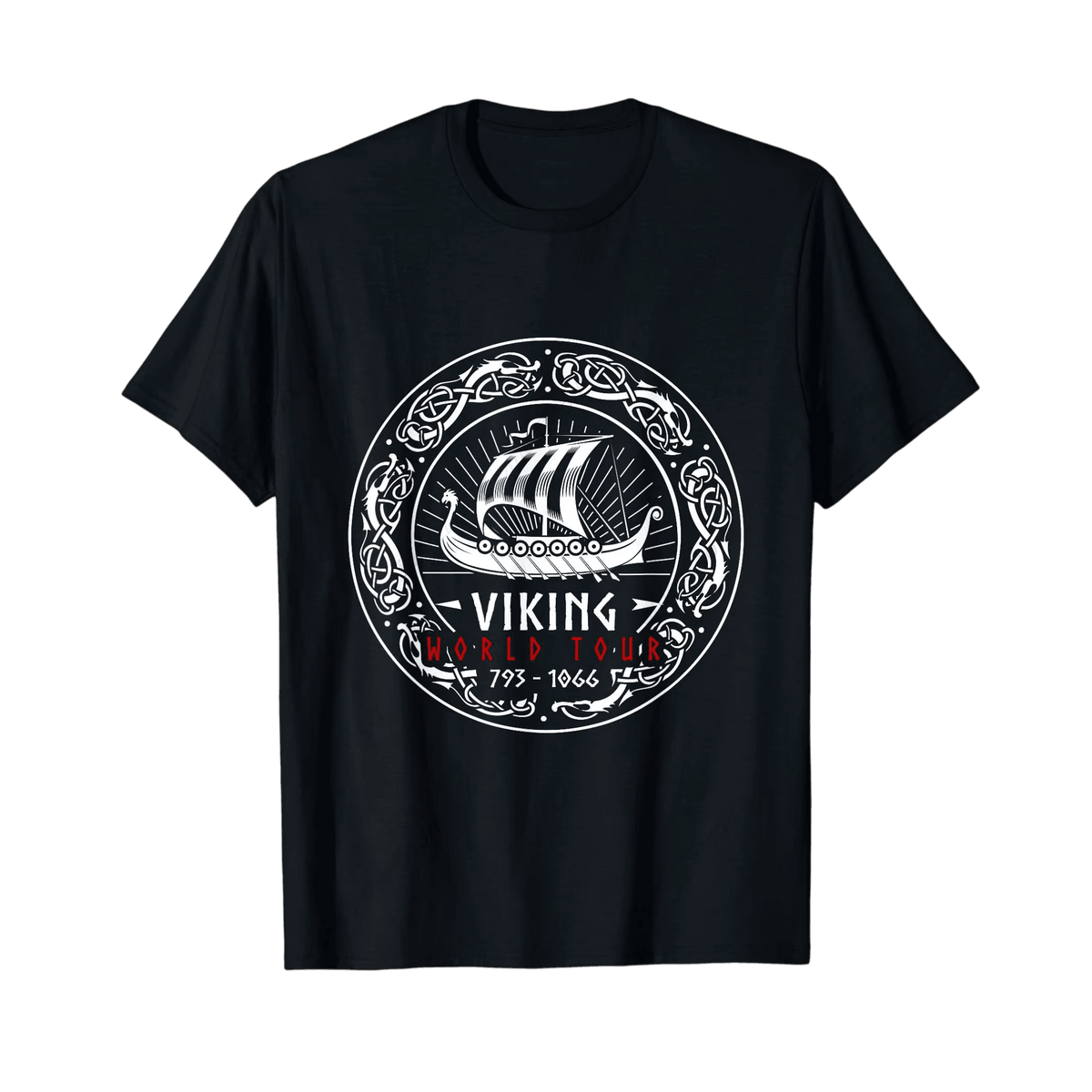 Tee-shirt viking noir à plat, drakkar toutes voiles dehors dans un médaillon d'entrelacs