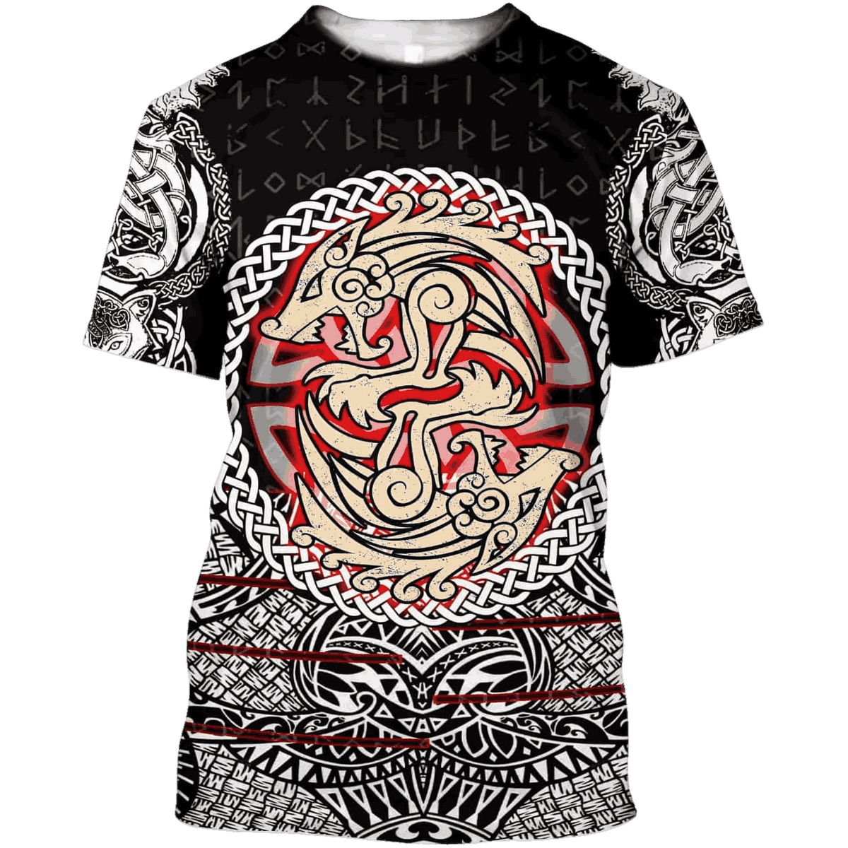 Black Viking T-shirt laid flat, all-over print with a red and gold knotwork medallion, decorated sleeves