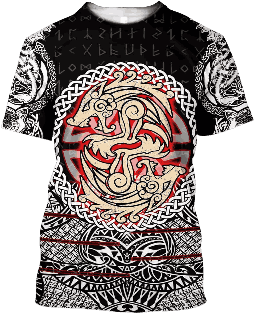 Tee-shirt viking noir à plat, impression intégrale médaillon d'entrelacs rouge et or, manches ornées