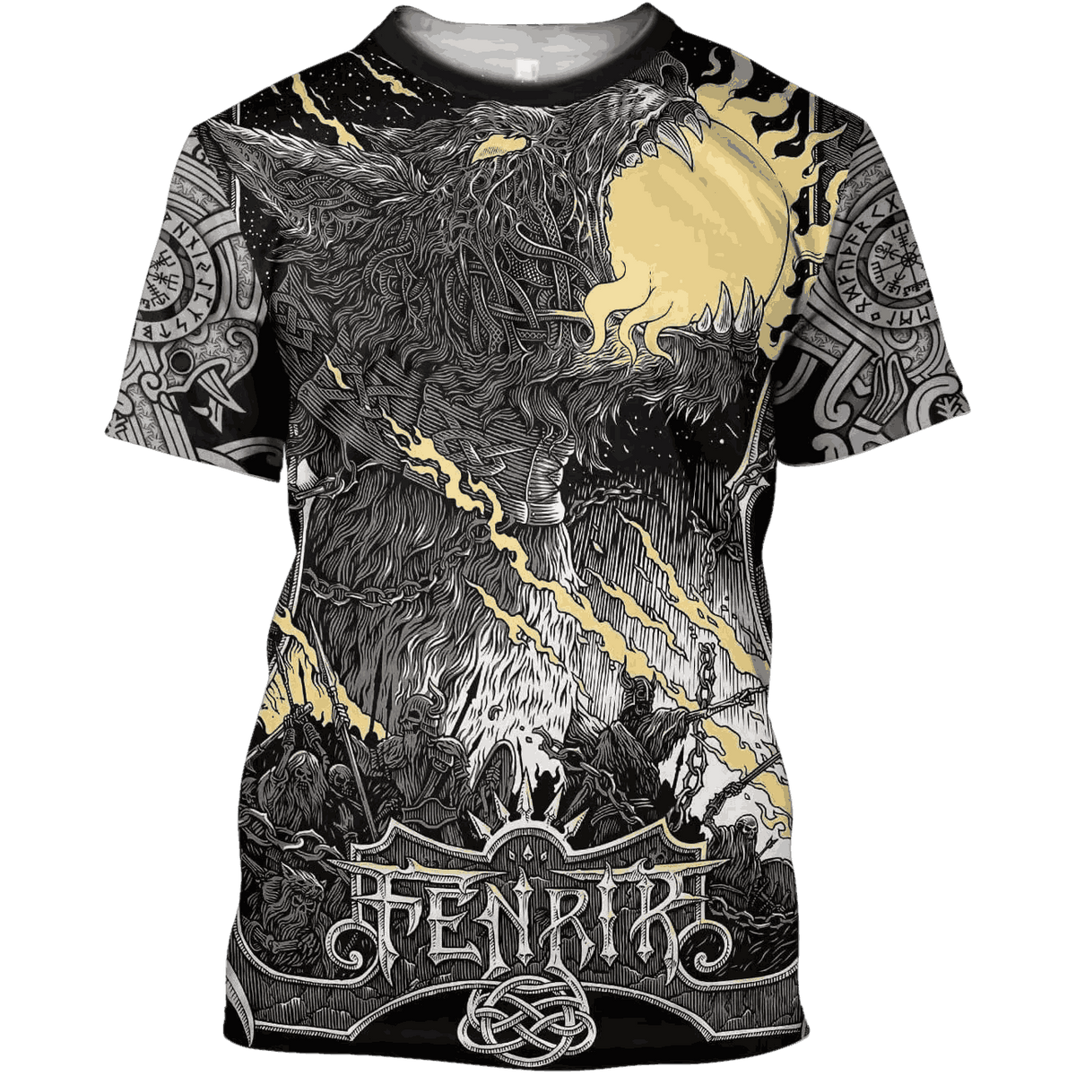 Tee-shirt viking à plat, impression intégrale du loup Fenrir, éclairs dorés et lettrage Fenrir