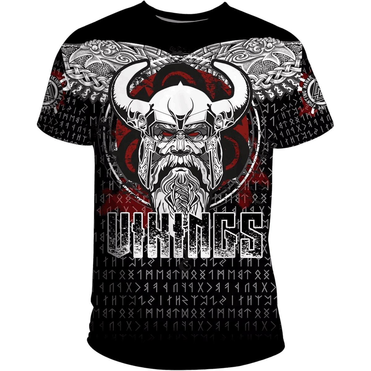 Tee-shirt viking à plat, impression intégrale guerrier barbu casqué, lignes de runes et lettrage Vikings