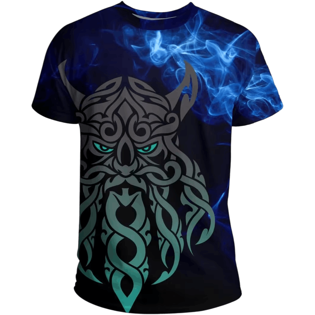 Black Viking T-shirt laid flat, all-over print with a helmeted warrior and turquoise blue flames