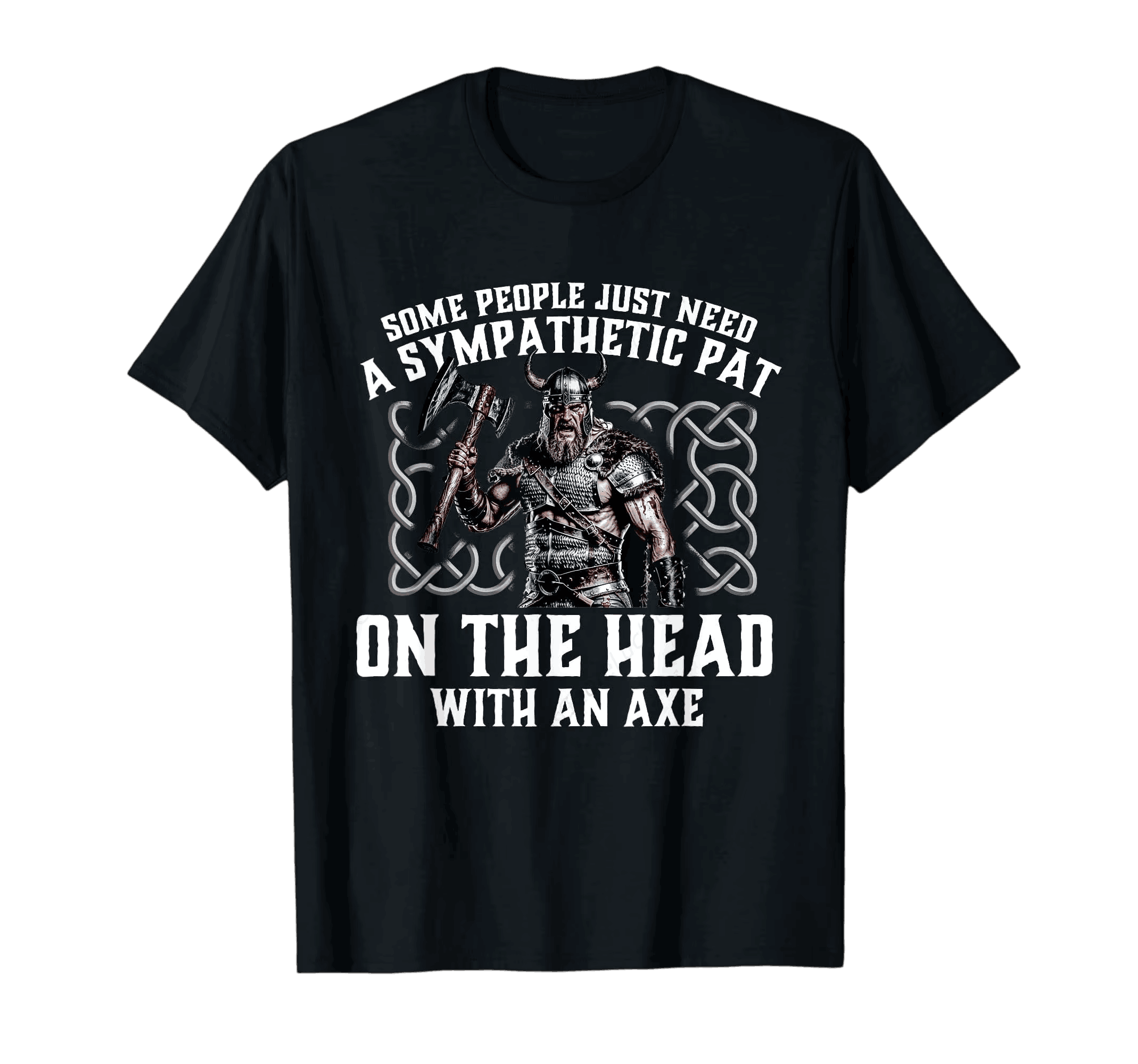 Tee-shirt viking noir à plat, guerrier casqué entre deux lignes de texte anglais humoristique