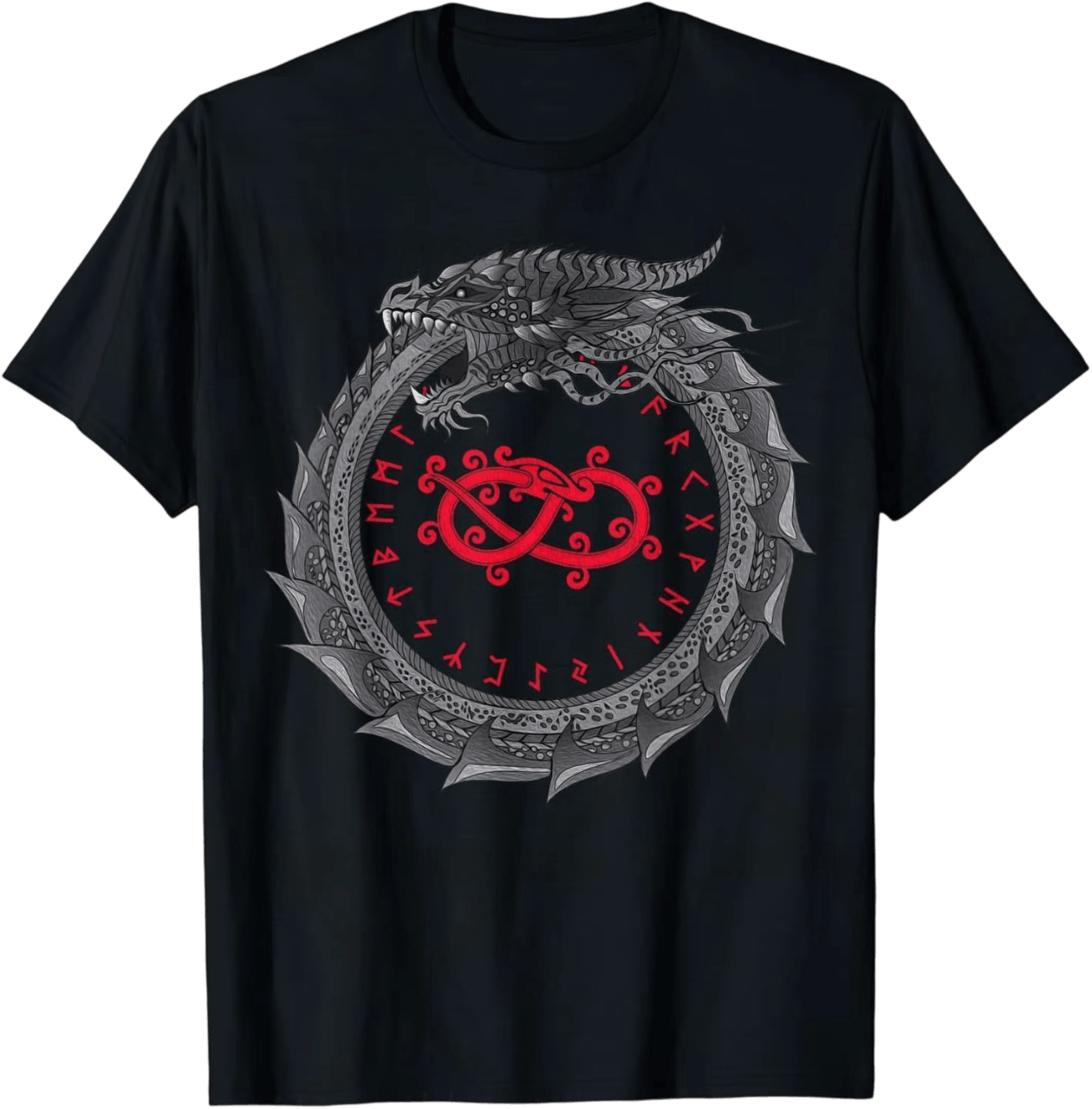 Tee-shirt viking noir à plat, Jörmungandr écaillé mordant sa queue autour d'un cercle de runes rouges