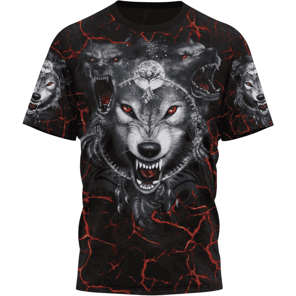Tee-shirt viking noir à plat, impression intégrale loup blanc menaçant sur fond de braises rouges