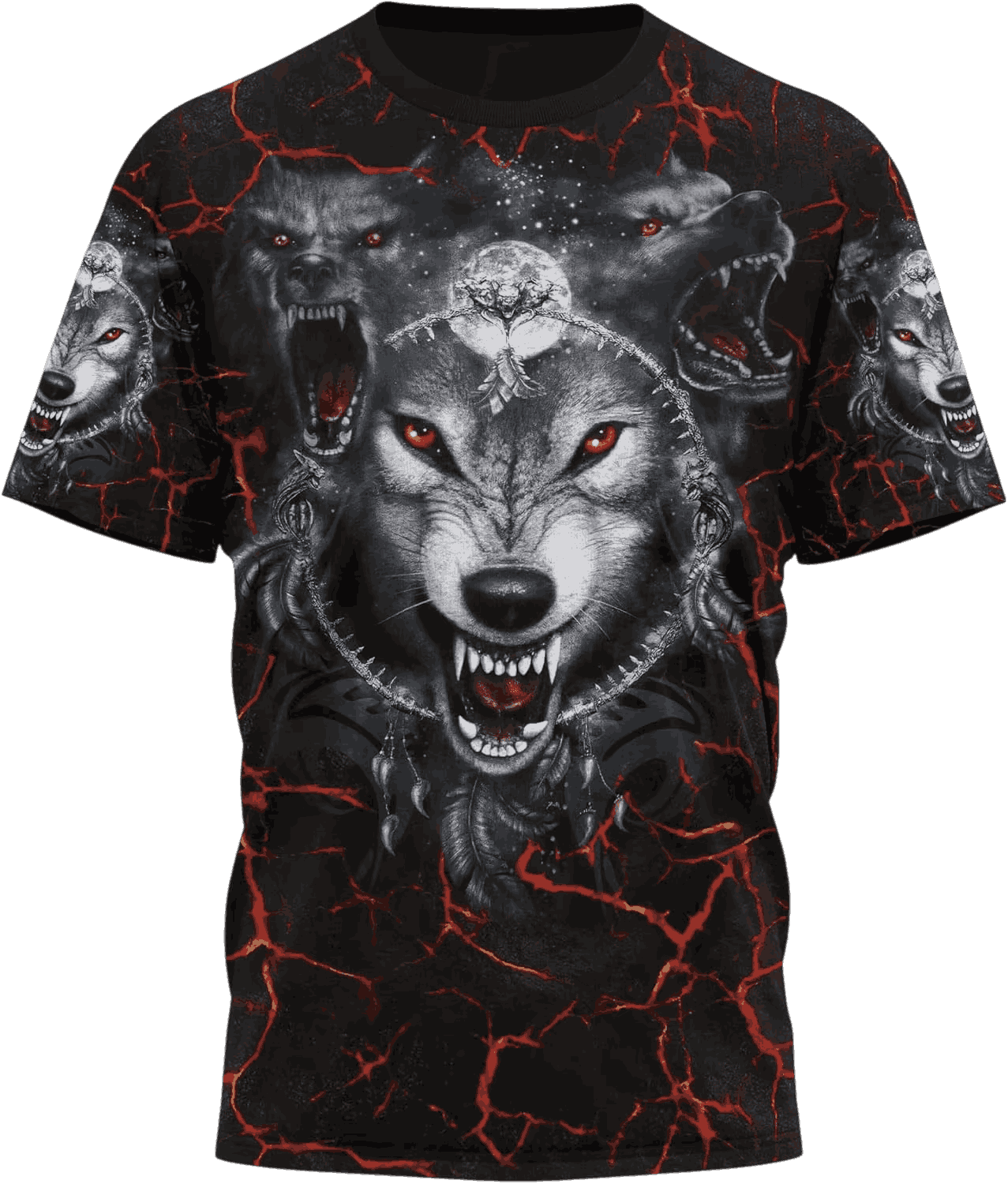 Tee-shirt viking noir à plat, impression intégrale loup blanc menaçant sur fond de braises rouges