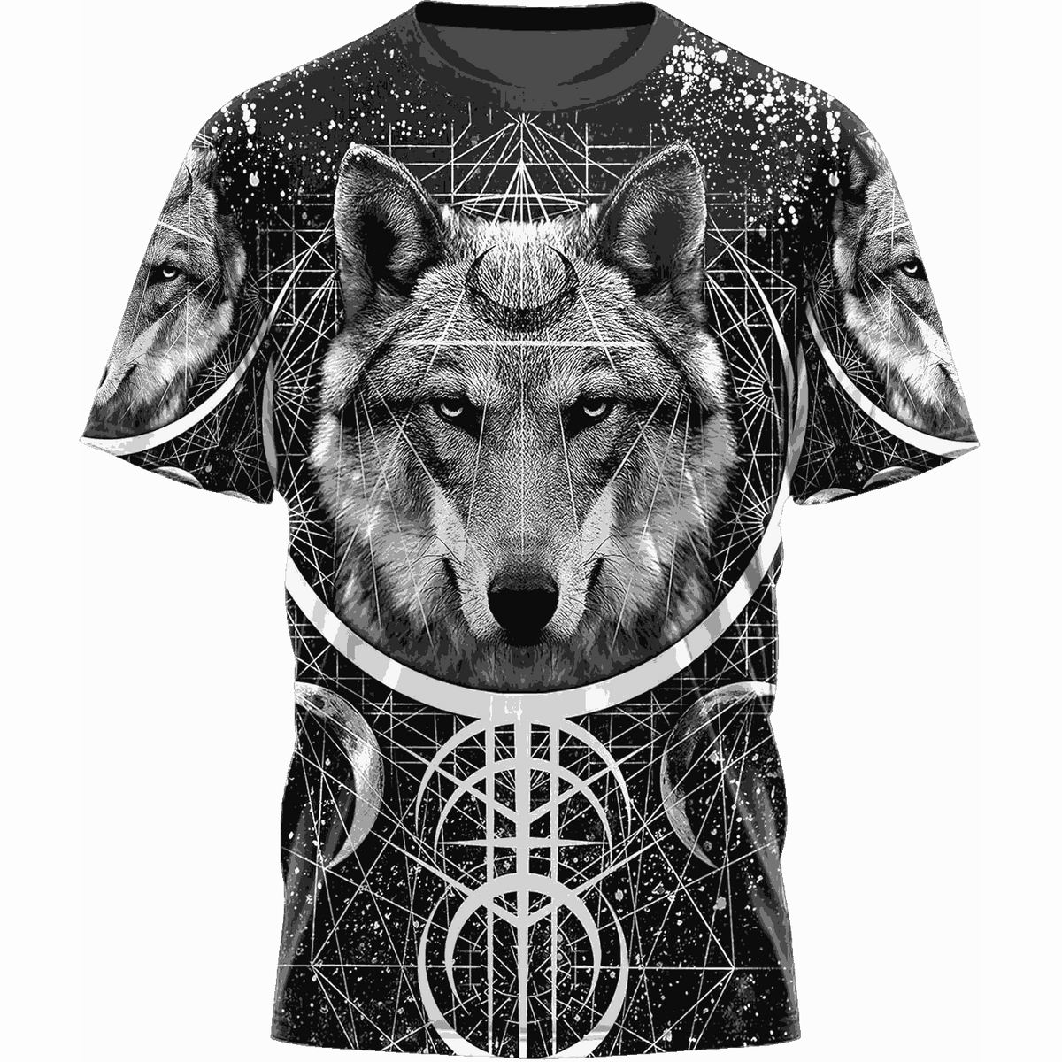 Black Viking T-shirt laid flat, all-over print with a white wolf head and Vegvísir at the bottom of the body