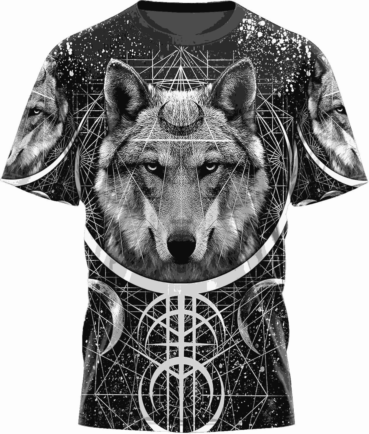 Tee-shirt viking noir à plat, impression intégrale tête de loup blanche et Vegvísir en bas du buste