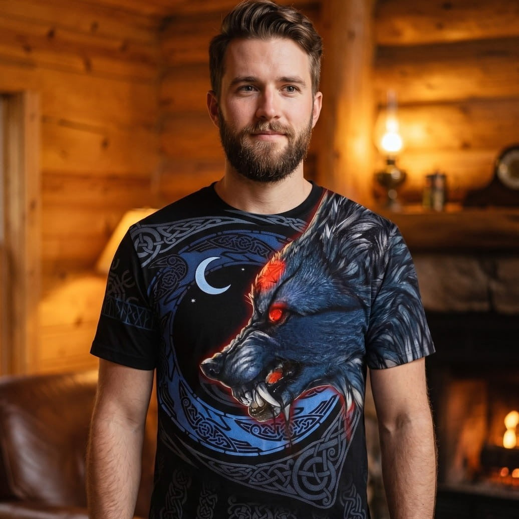 Homme portant un tee-shirt viking bleu nuit à impression intégrale, loup et croissant de lune
