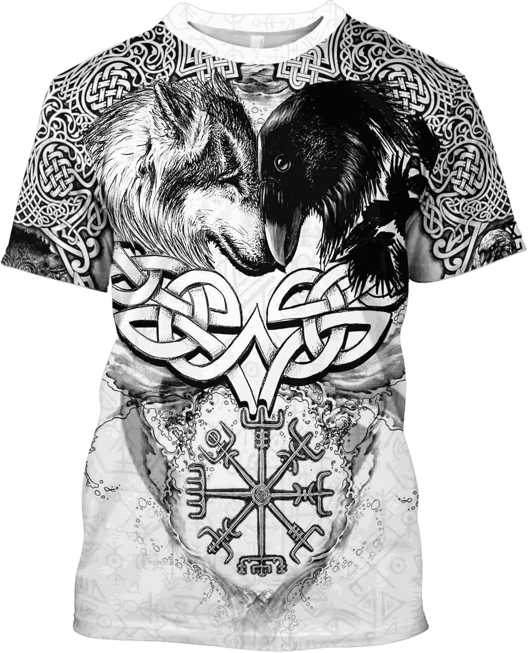 Tee-shirt viking blanc à plat, impression intégrale loup hurlant, Vegvísir et entrelacs noirs