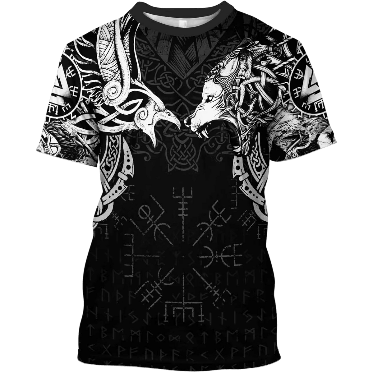 Tee-shirt viking à plat, impression intégrale de deux loups affrontés, Vegvísir et lignes de runes