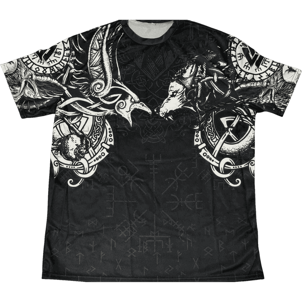 Tee-shirt viking noir à plat, impression intégrale deux loups sur les épaules et frise à l'ourlet