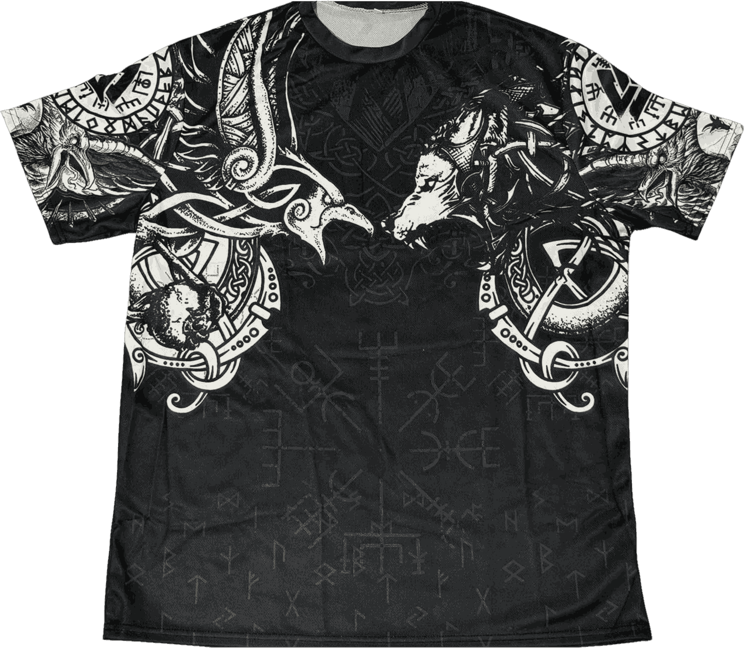 Tee-shirt viking noir à plat, impression intégrale deux loups sur les épaules et frise à l'ourlet