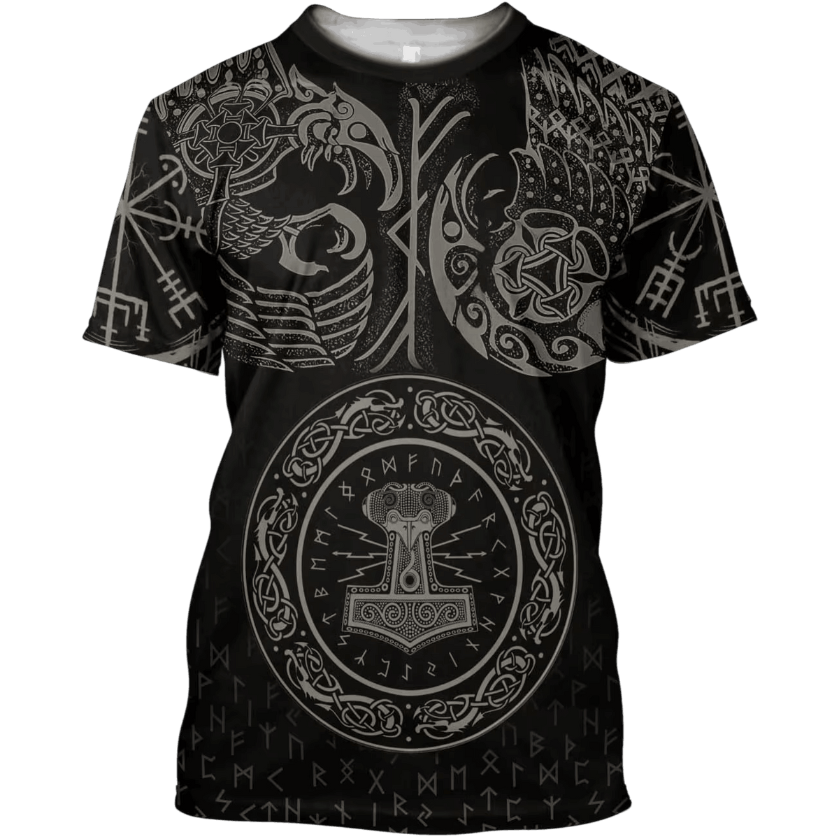 Tee-shirt viking noir à plat, impression intégrale ton sur ton, marteau Mjölnir cerclé de runes