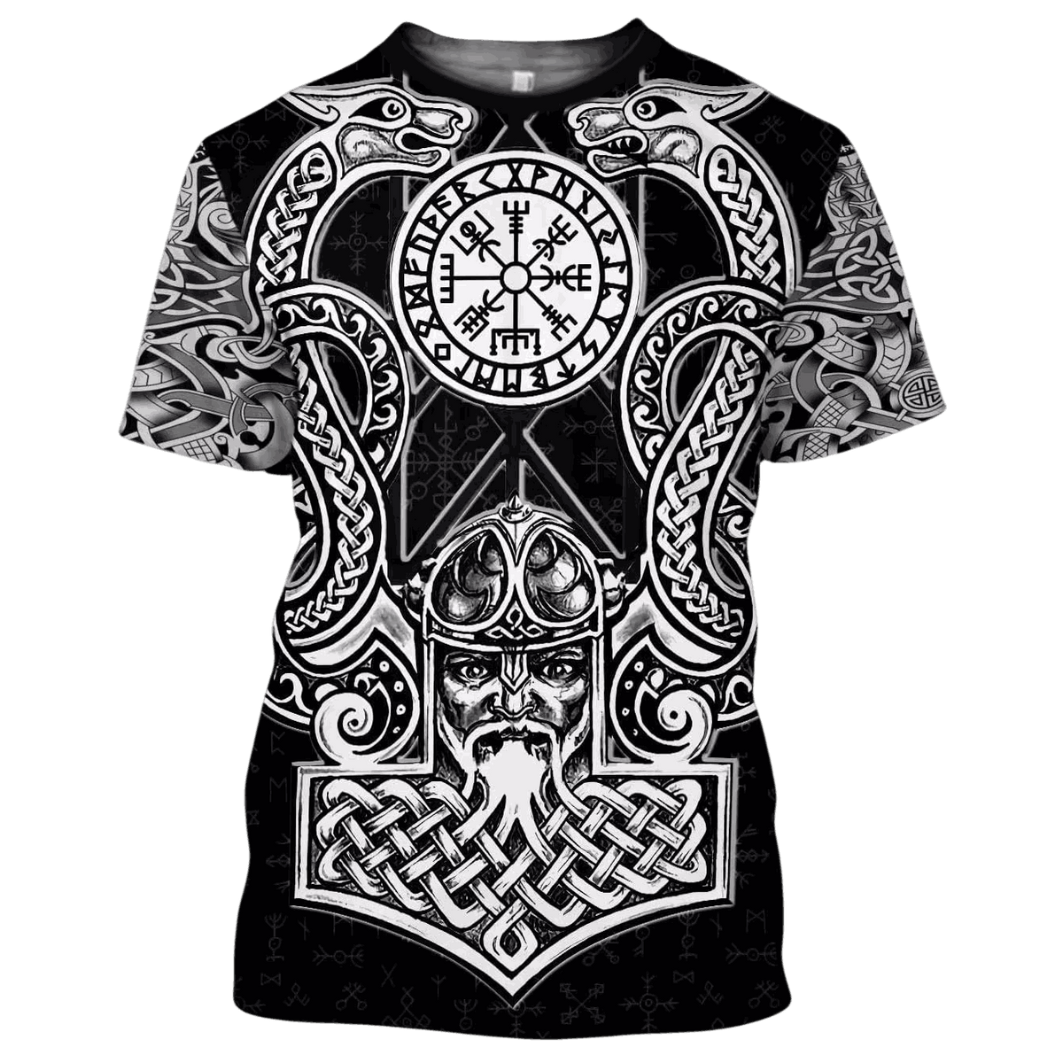 Viking T-shirt laid flat, highly ornate silver all-over print, central Mjölnir and Vegvísir