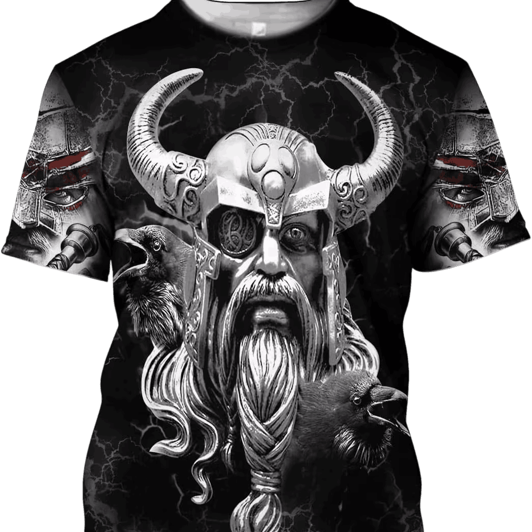Viking T-shirt laid flat, black and white all-over print, helmeted Odin figure and decorated sleeves