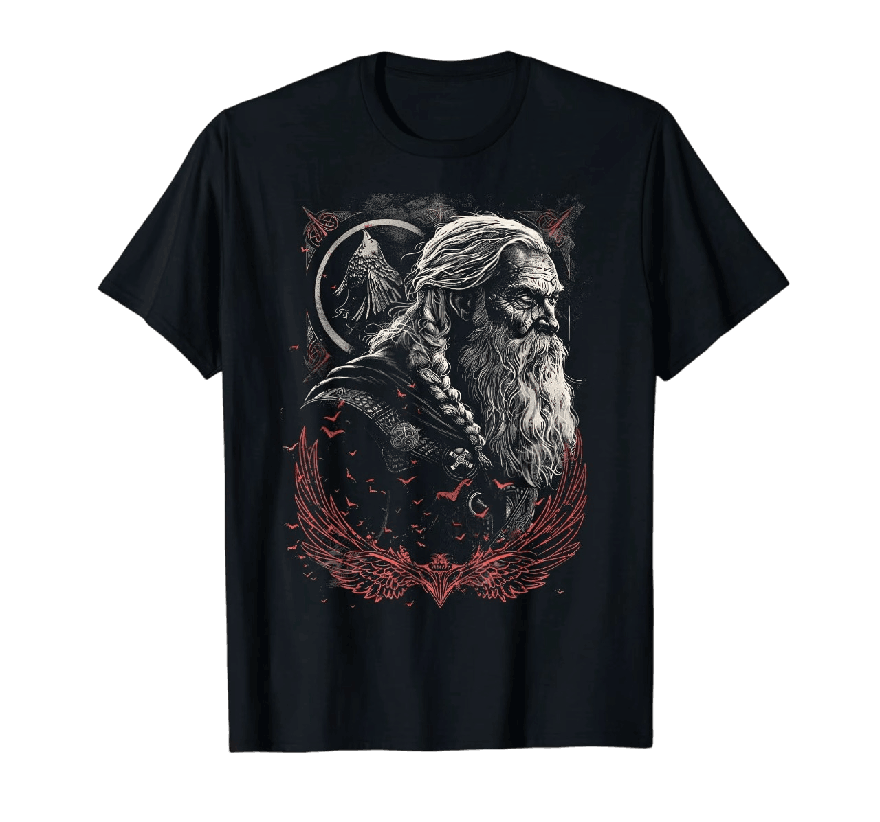 Tee-shirt viking noir à plat, Odin à la longue barbe tressée, corbeau au-dessus et ailes rouges déployées