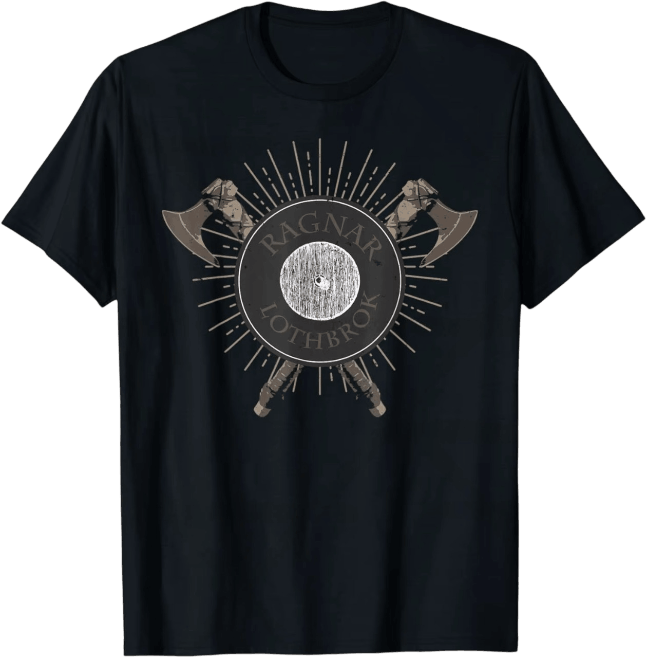 Tee-shirt viking noir à plat, bouclier rond gravé Ragnar Lothbrok et deux haches croisées derrière